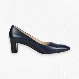1990s Vintage Dark Navy Leather Square Toe Slip On Pump Block Heels Size 9.5